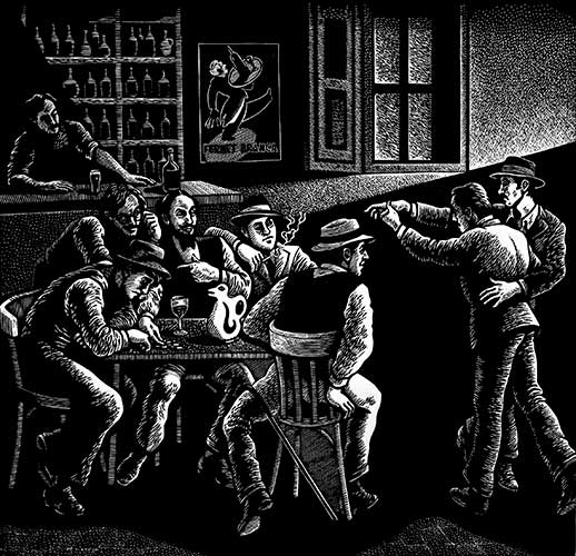 La pulpería de don Mateo, xilografía, 67 x 66 cm. Año 2013	